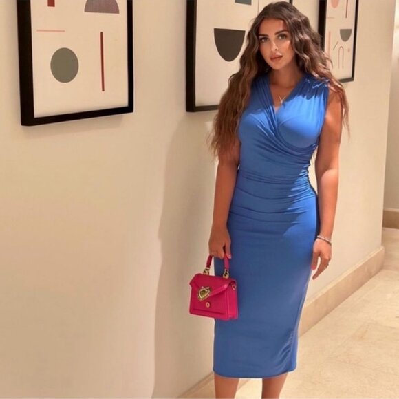 Zara Draped Stretch Midi Dress Blue Size Medium Blogger Fav - Picture 2 of 8